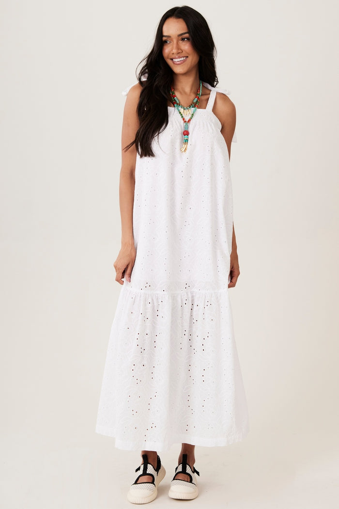 Vestido Longo De Alças Broderie Branco Yacamim D28