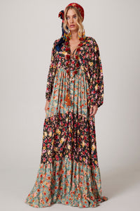 Vestido Longo Com Mangas Bufantes Estampado Patchwork Yacamim K1