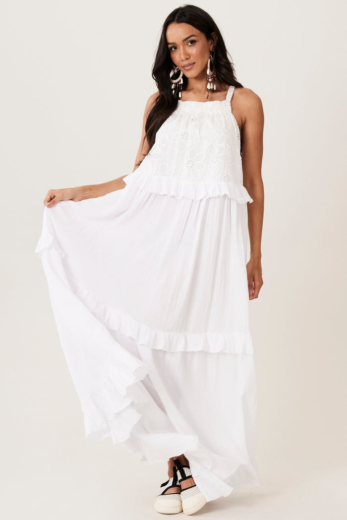 Vestido Longo Amplo De Alças Com Rendas E Babados Branco Yacamim C21