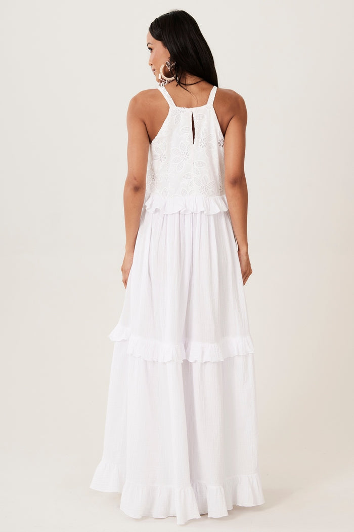 Vestido Longo Amplo De Alças Com Rendas E Babados Branco Yacamim C21