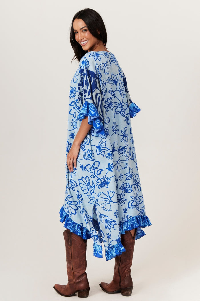 Kaftan Amplo Com Decote Em V Azul Estampado Yacamim J5