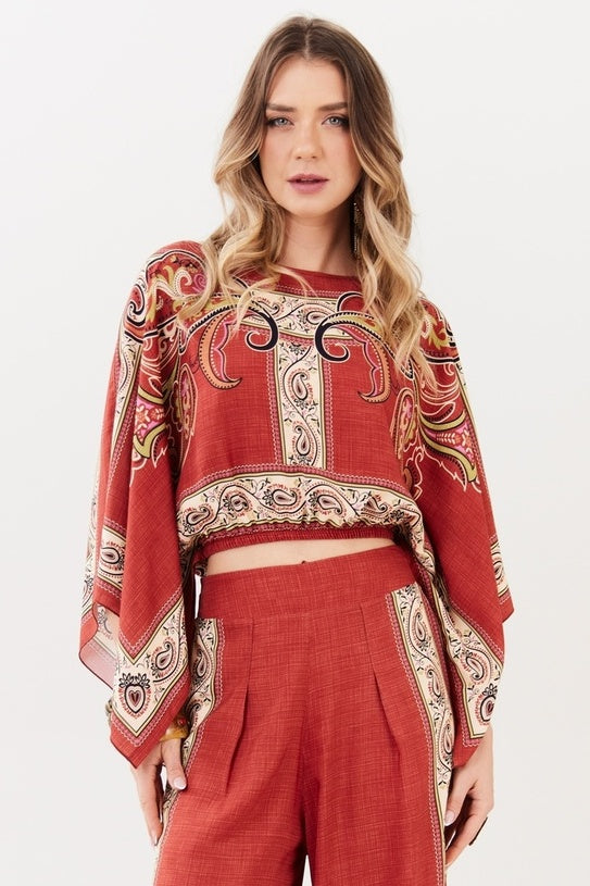 Bata Cropped Terracota Estampa Paisley Yacamim A21