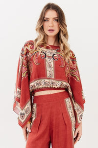 Bata Cropped Terracota Estampa Paisley Yacamim A21