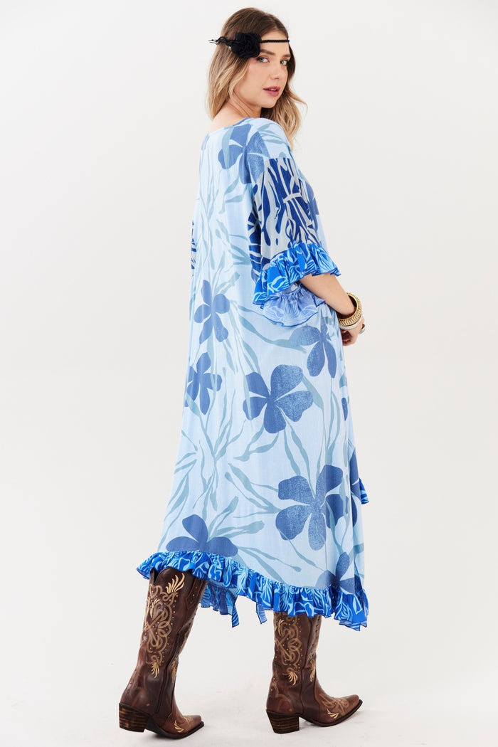 Kaftan Midi Decote Em V Azul Claro Patchwork Yacamim J10