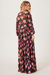 Vestido De Tule Longo Preto Estampa Floral Yacamim D8 Paris