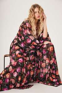 Vestido De Tule Longo Preto Estampa Floral Yacamim D8 Paris