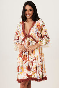 Vestido Curto Aberto Com Franjas Bege Paisley Yacamim E5