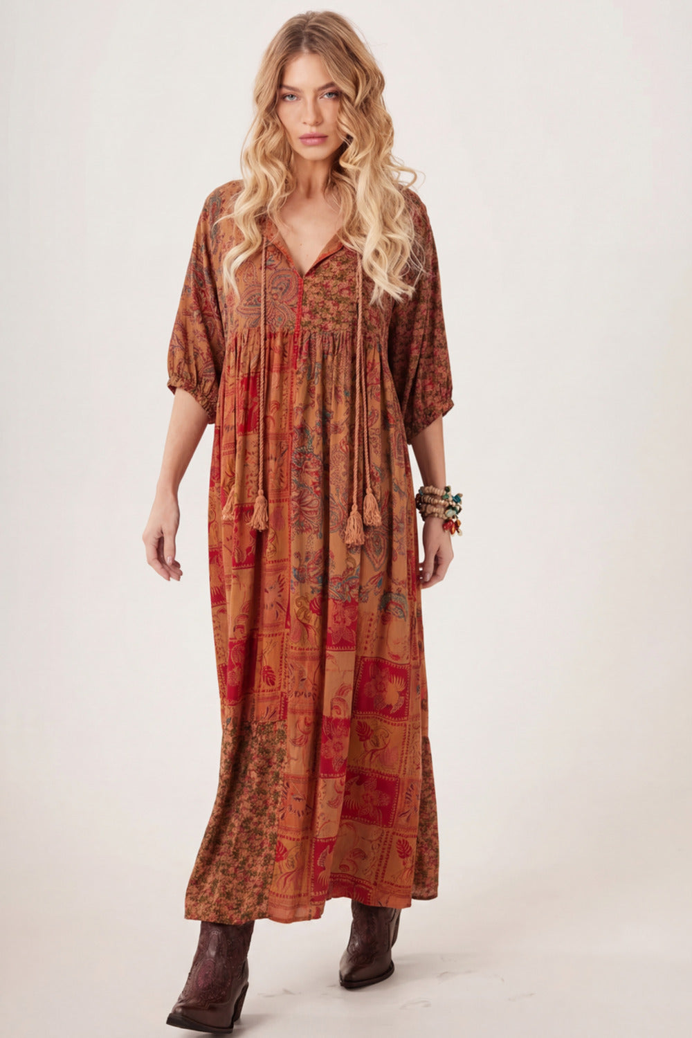 Vestido Longo Patchwork Laranja Yacamim D1