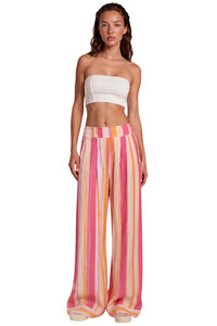 Calça Pantalona Com Bolsos Rosa E Amarela Listrada Yacamim H8