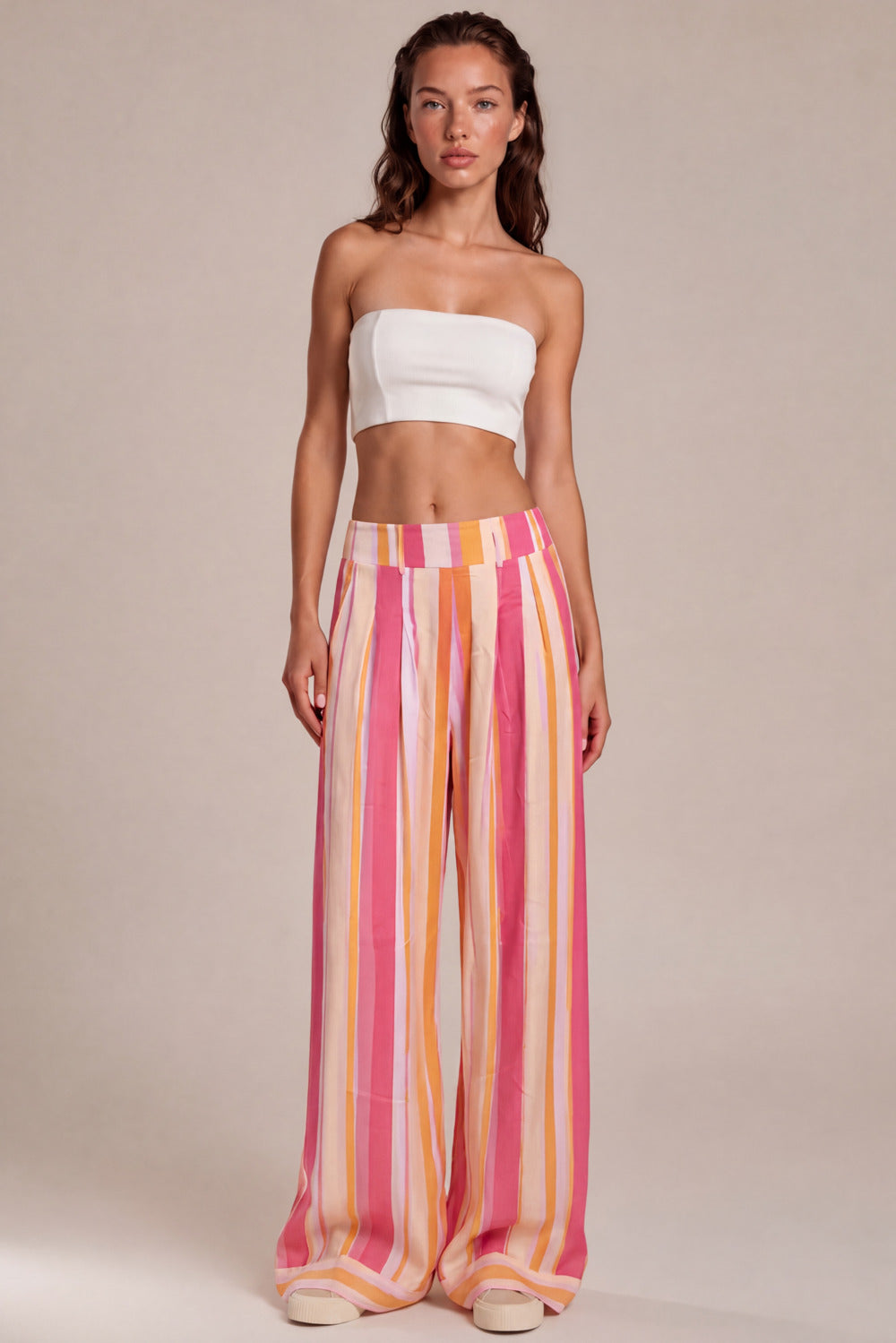 Calça Pantalona Com Bolsos Rosa E Amarela Listrada Yacamim H8