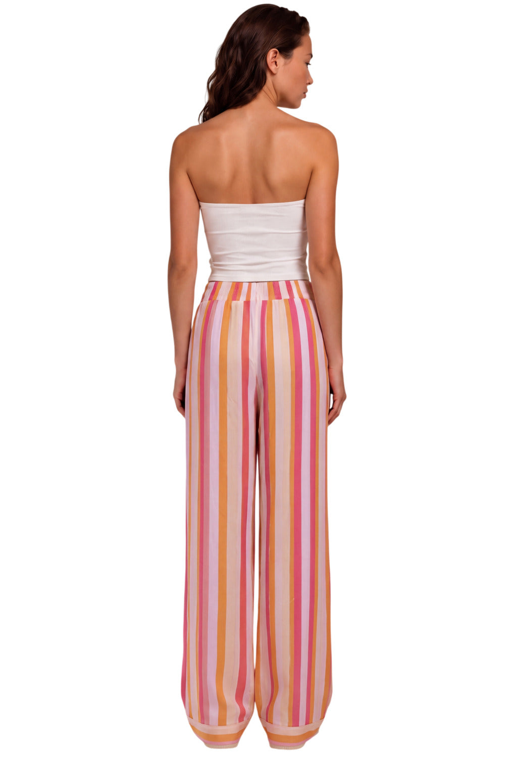 Calça Pantalona Com Bolsos Rosa E Amarela Listrada Yacamim H8
