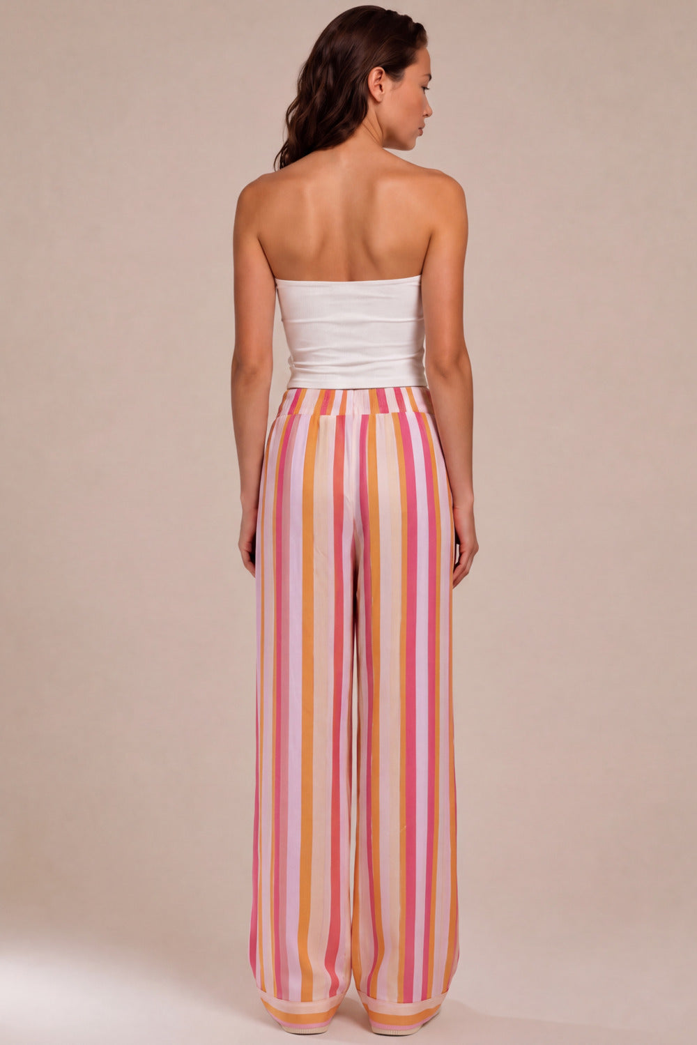 Calça Pantalona Com Bolsos Rosa E Amarela Listrada Yacamim H8