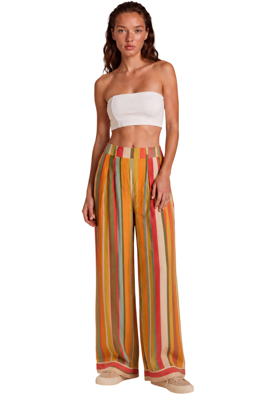Calça Pantalona Com Bolsos Verde E Laranja Listrada Yacamim I10