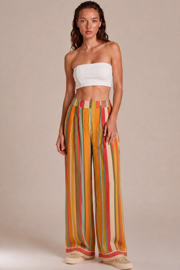 Calça Pantalona Com Bolsos Verde E Laranja Listrada Yacamim I10