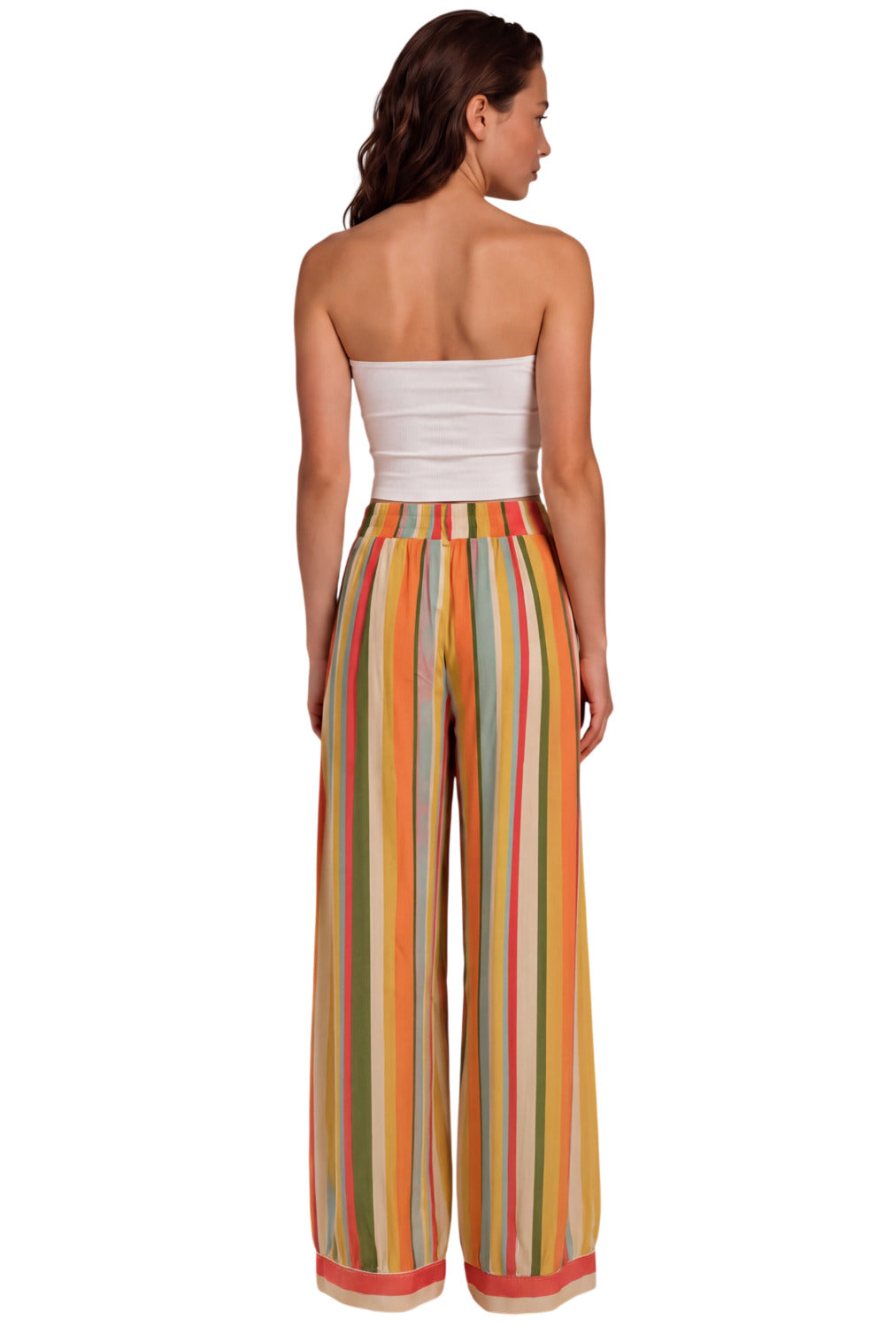 Calça Pantalona Com Bolsos Verde E Laranja Listrada Yacamim I10