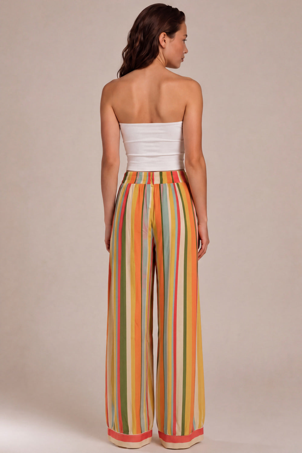 Calça Pantalona Com Bolsos Verde E Laranja Listrada Yacamim I10