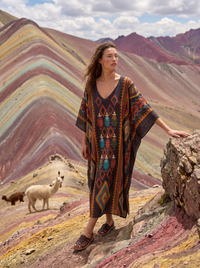 Kaftan Midi Marrom Escuro Estampado Coleção Peru Yacamim K9