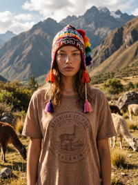 Blusa Básica Marrom Claro Estampada Nas Costas Coleção Peru Yacamim K15