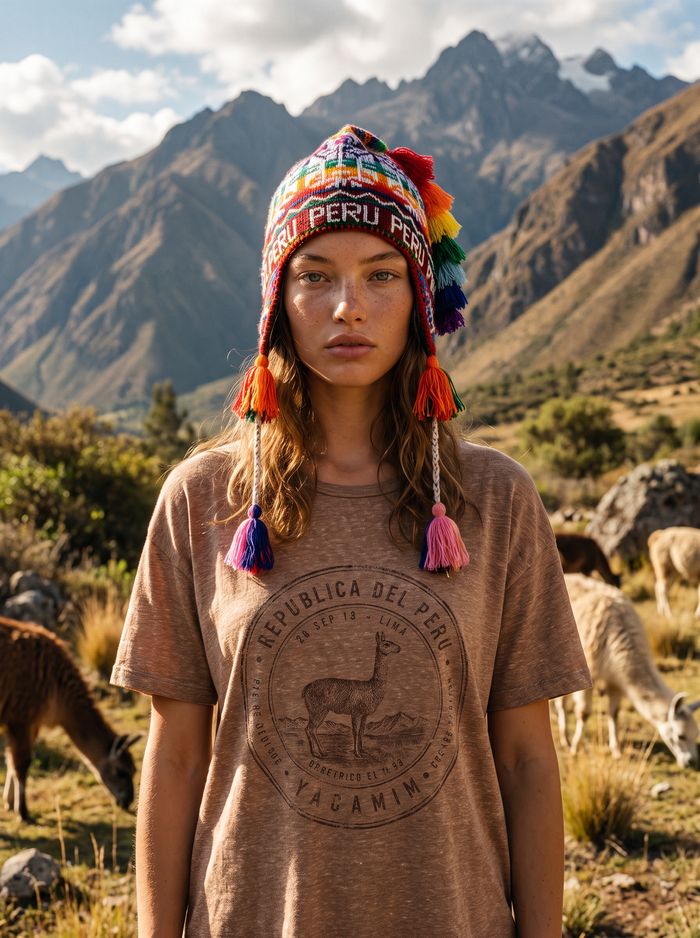 Blusa Básica Marrom Claro Estampada Nas Costas Coleção Peru Yacamim K15