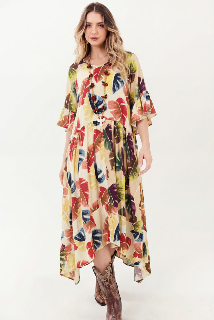 Vestido Midi Amplo Bege Estampa Costela De Adão Yacamim D11